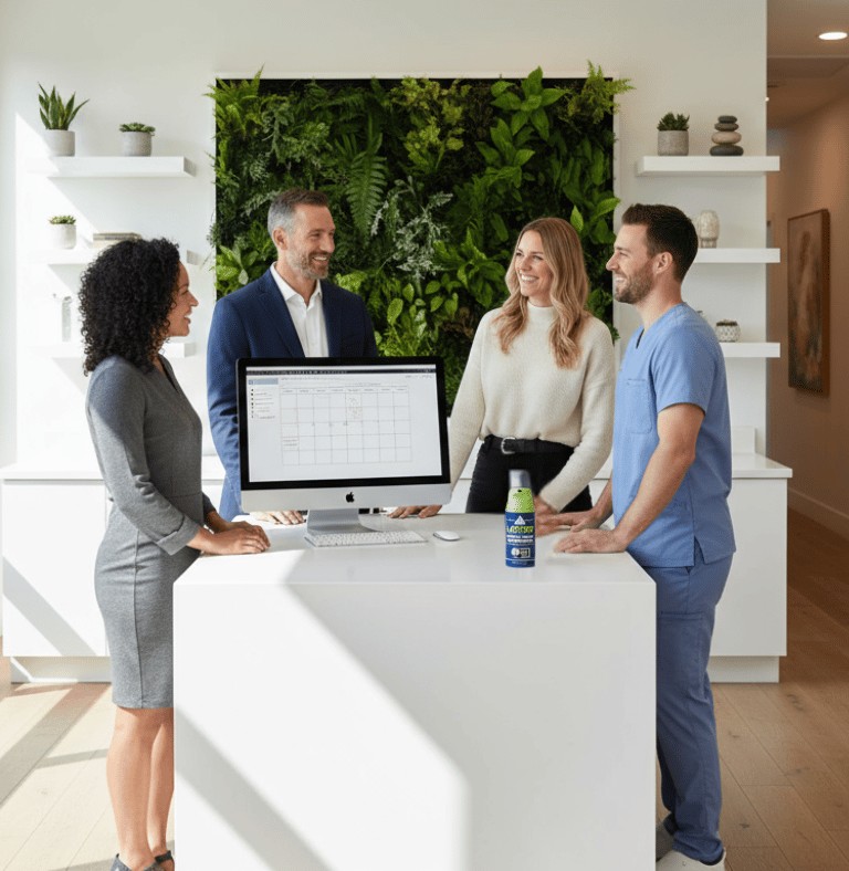 Four practitioners gathered around a clinic desk with LactiGo