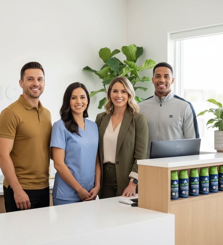Smiling practitioner team in an office with LactiGo on the shelf